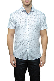 White Short Sleeve with Navy Birds