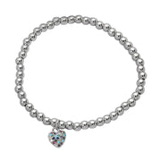 Stainless Steel Paved Heart Charm Beaded Stretch Bracelet