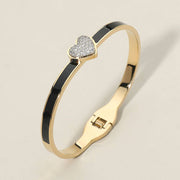 Stainless Steel CZ Stone Paved Heart Accent Hinged Bangle Bracelet