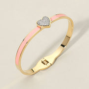Stainless Steel CZ Stone Paved Heart Accent Hinged Bangle Bracelet