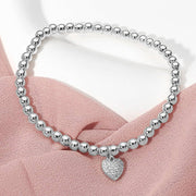 Stainless Steel Paved Heart Charm Beaded Stretch Bracelet