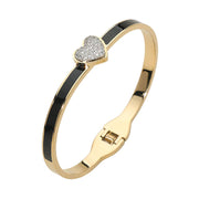 Stainless Steel CZ Stone Paved Heart Accent Hinged Bangle Bracelet