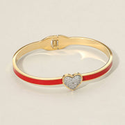 Stainless Steel CZ Stone Paved Heart Accent Hinged Bangle Bracelet