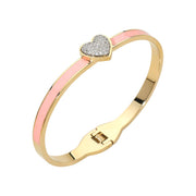 Stainless Steel CZ Stone Paved Heart Accent Hinged Bangle Bracelet