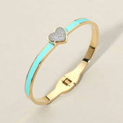 Stainless Steel CZ Stone Paved Heart Accent Hinged Bangle Bracelet