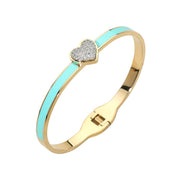 Stainless Steel CZ Stone Paved Heart Accent Hinged Bangle Bracelet