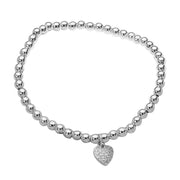 Stainless Steel Paved Heart Charm Beaded Stretch Bracelet